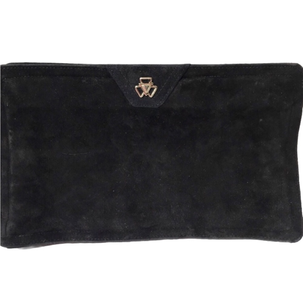 Clemente vintage suede leather black and gold clutch.